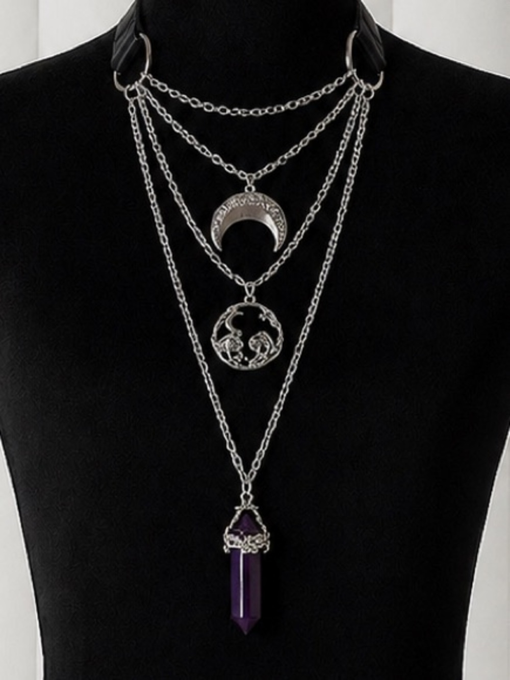 CURRENT MOOD Crescent Moon Mushroom Amethyst Gemstone Choker Tiered Necklace